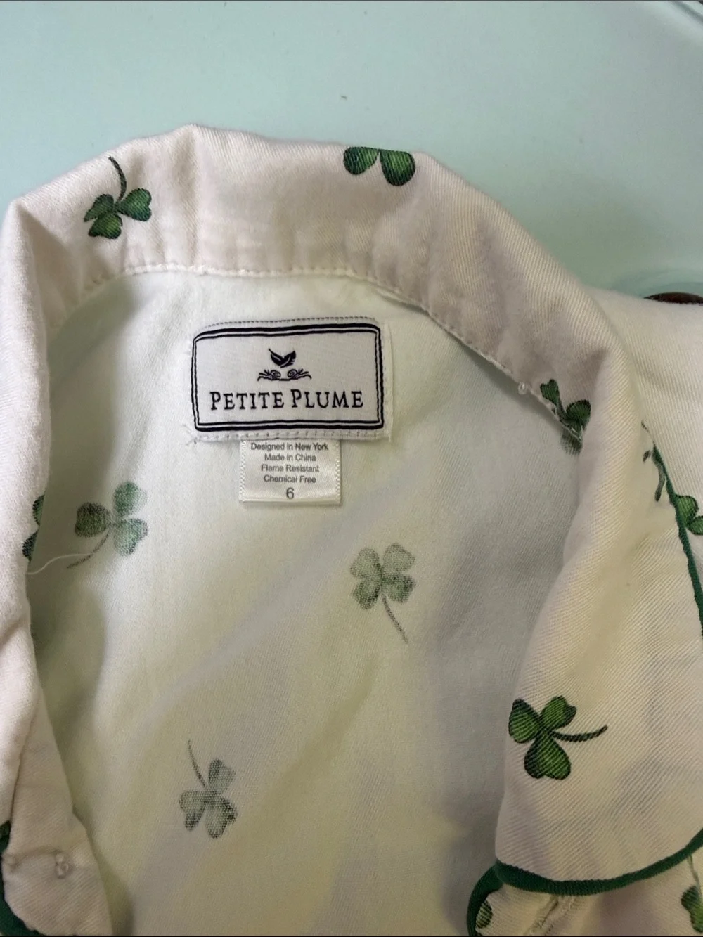 Petite Plume Cream Kids Pajama Set with Green Clover Print